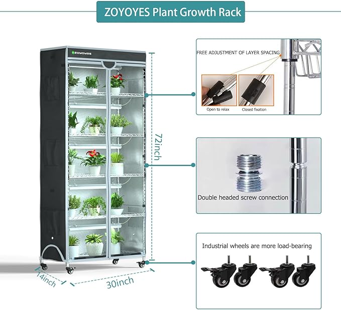Plant Greenhouse 6-Tiered Heavy Duty Metal Growth Shelf with 5 Sets T8 Grow Light Rack Cover Thermometer Timer for Seedling Cultivation Reproduction Flowering,30" LX14 WX72 H