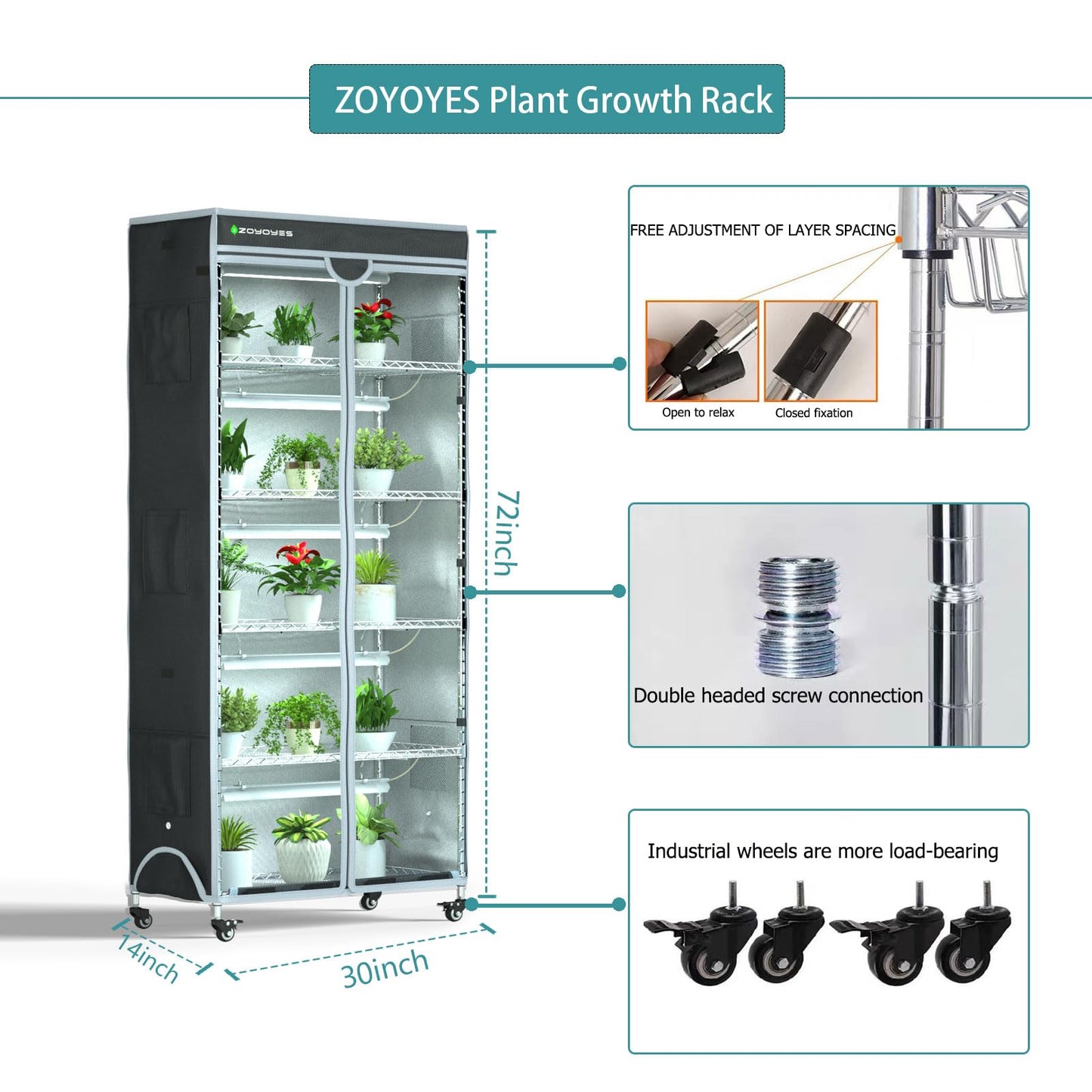 ZOYOYES Plant Greenhouse 6-Tiered Heavy Duty Metal Growth Shelf with 5 Sets T8 Grow Light Rack Cover Thermometer Timer for Seedling Cultivation Reproduction Flowering,30" LX14 WX72 H