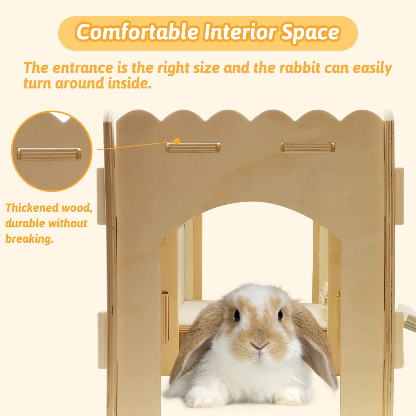 Fhiny Wooden Rabbit Castle, Small Animals Large Tunnel with Bridge Detachable Bunny Fort Hideout Rest and Playhouse with Windows for Rabbits Guinea Pigs Chinchilas Kittens