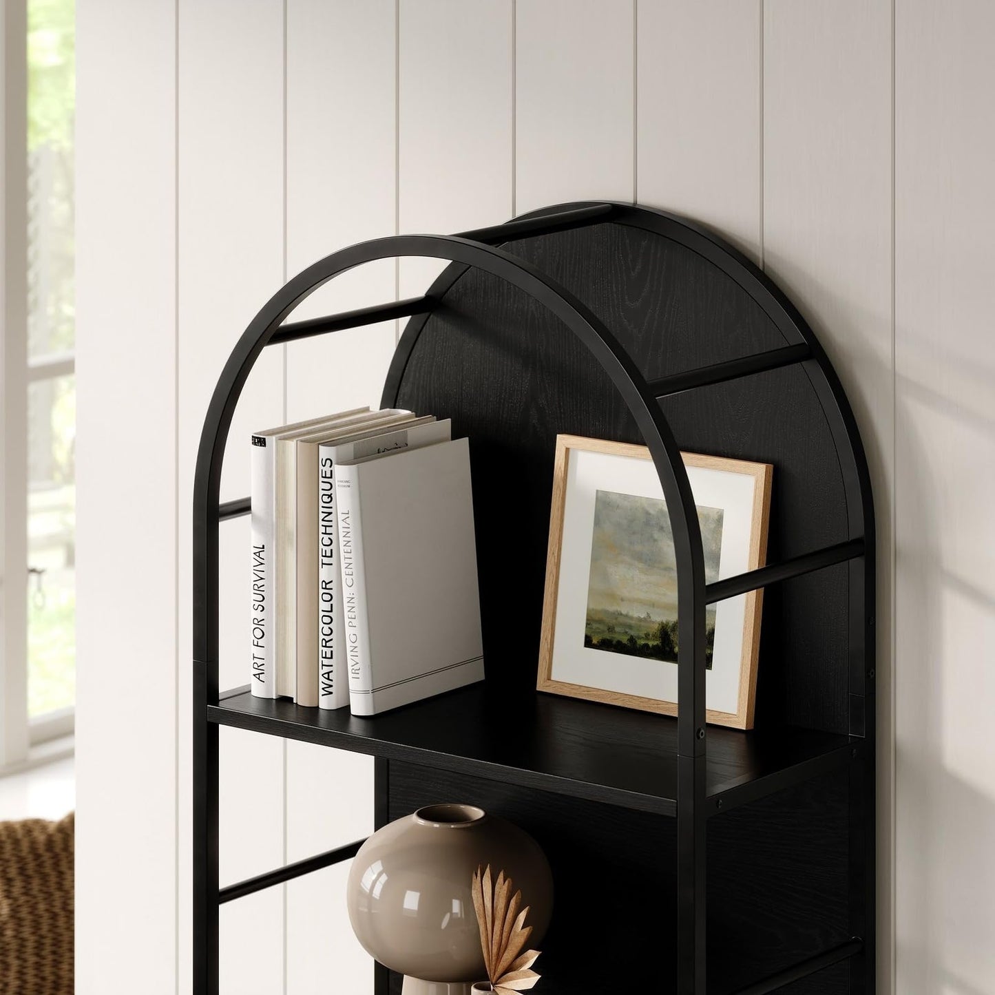 Stead 4-Tier Arched Wood Book Shelf - Black Metal Frame, Wood Panel Backing - Arched Bookcase with Backing, Narrow Black Bookshelf with Grain-Texture Laminate & 25 lb Shelf Capacity