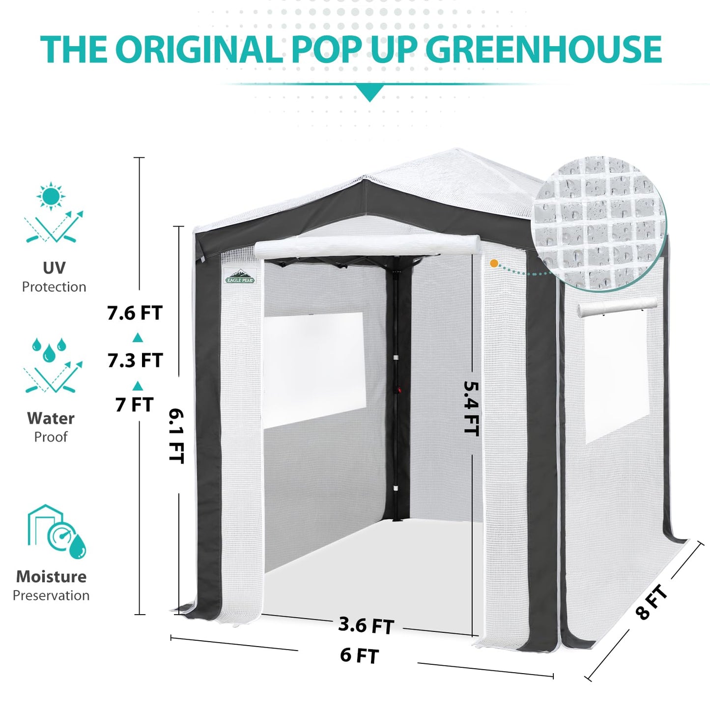 EAGLE PEAK 8x6 Portable Walk in Greenhouse with Polyester Reinforced Corners, Instant Pop Up Indoor Outdoor Gardening Green House, Roll Up Zipper Entry Doors and Mesh Windows, Gray/White