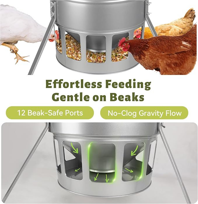 KOL Metal Chicken Feeder - 20lbs Ground Poultry Feeder with 12 Ports, Powder Coated Rust-Proof Design & Smooth Edges for Safe Feeding (Silver)