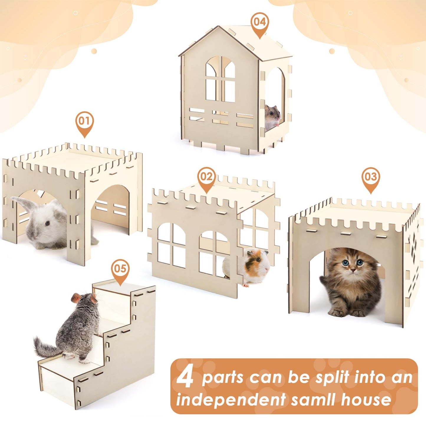 Bissap Wooden Rabbit Hideout Castle, Extra Large Bunny Houses and Hideouts Indoor Outdoor Rabbit Hidey Habitat for Bunnies Chinchillas Hamsters Guinea Pigs Detachable Small Animal Play Hideaway Hut