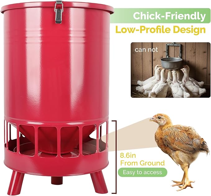Solution4Patio 50LB No-Waste Chicken Feeder, Large Capacity Gravity Dispenser with Spill Control & 16 Feeding Ports Poultry Feeder for Outdoors & Hen Coop (Red)
