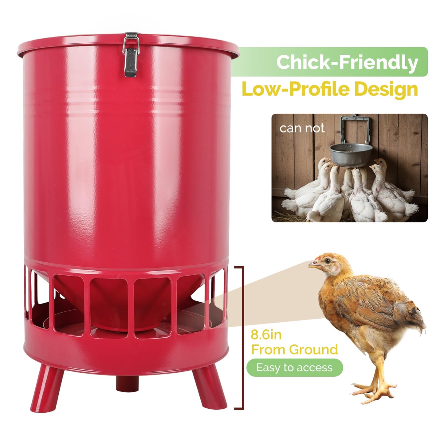 Solution4Patio 50LB No-Waste Chicken Feeder, Large Capacity Gravity Dispenser with Spill Control & 16 Feeding Ports Poultry Feeder for Outdoors & Hen Coop (Red)