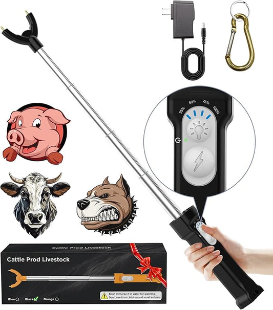 Cattle Prod Rechargeable with Led Light, Waterproof Cattle Prod for Dogs, Retractable Cattle Prod Self Defense, Lightweight Dog Cattle Prod Livestock, Cow Prod, Electric Cattle Prod, 37 Inch, Black