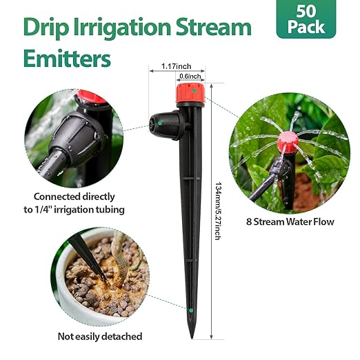 RedChili 50 Pieces Drip Emitters for 1/4" Drip Irrigation Tubing, Adjustable 360 Degree Stream Drip Emitters with Stake 360° Full Circle 8 Hole Stream Emitters Garden Irrigation Micro Drippers