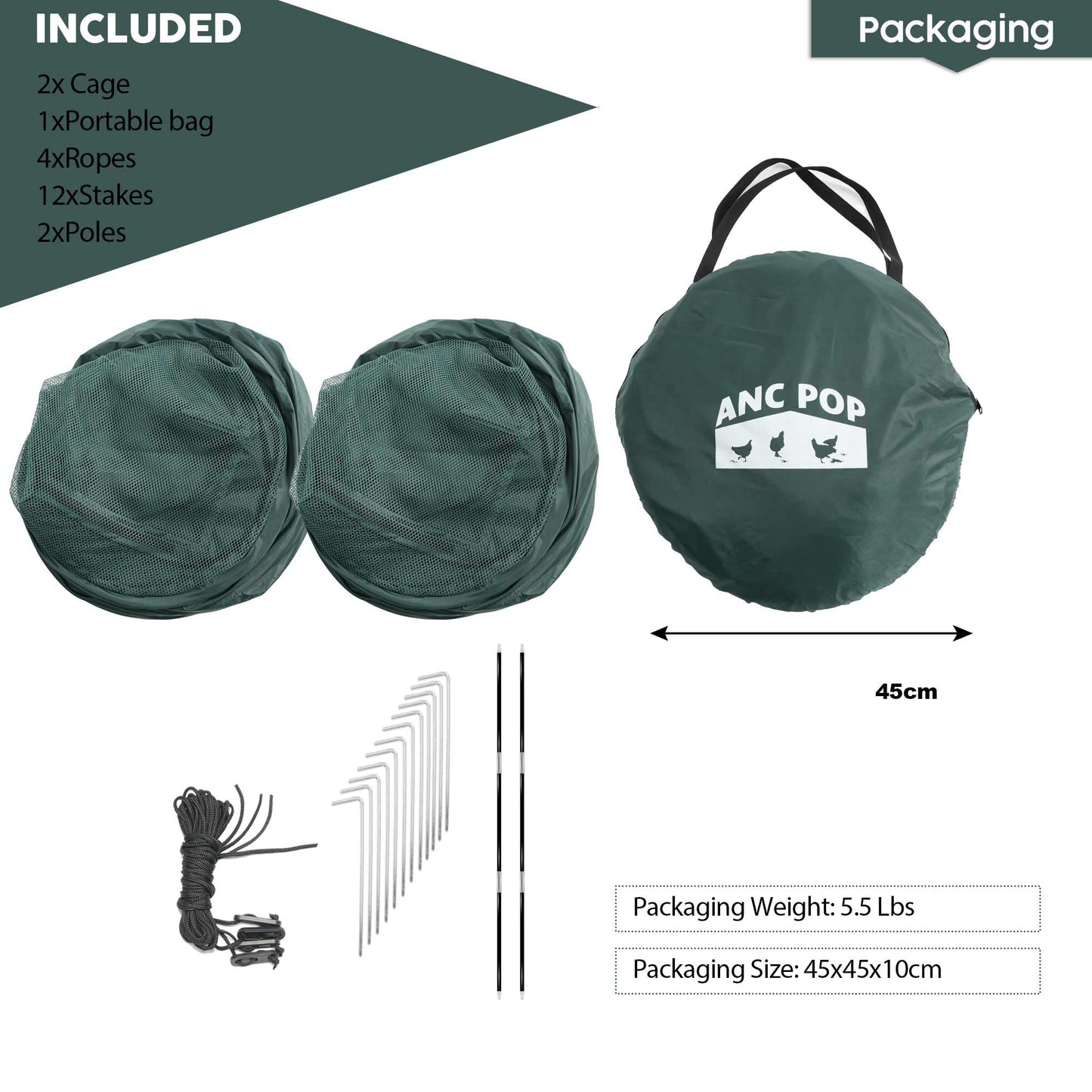 ANC POP 2Pcs Portable Chicken Run, Pop Up Chicken Tent for Small Animals Outdoor Gardening Net with 3 Doors and Handbag, Easy to Install and Storage, Green (80 x 40 x45)