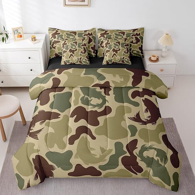Feelyou Camouflage 7 Pieces Bedding Set Twin Size Green Camo Hunter Bedding Bed Set Set for Boys Teens Decor Pike Fishing Bed Set Includes Comforter, Sheet Set, Pillowcases Hunting Theme Bedroom