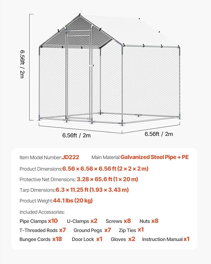VEVOR Metal Chicken Coop, 6.56x6.56x6.56ft Walk in Chicken Runs for Yards with Cover, Spire Roof Hen House Enclosure with Security Lock, Outdoor Duck Rabbit Poultry Cage Pen for Backyard, Farm, Yard