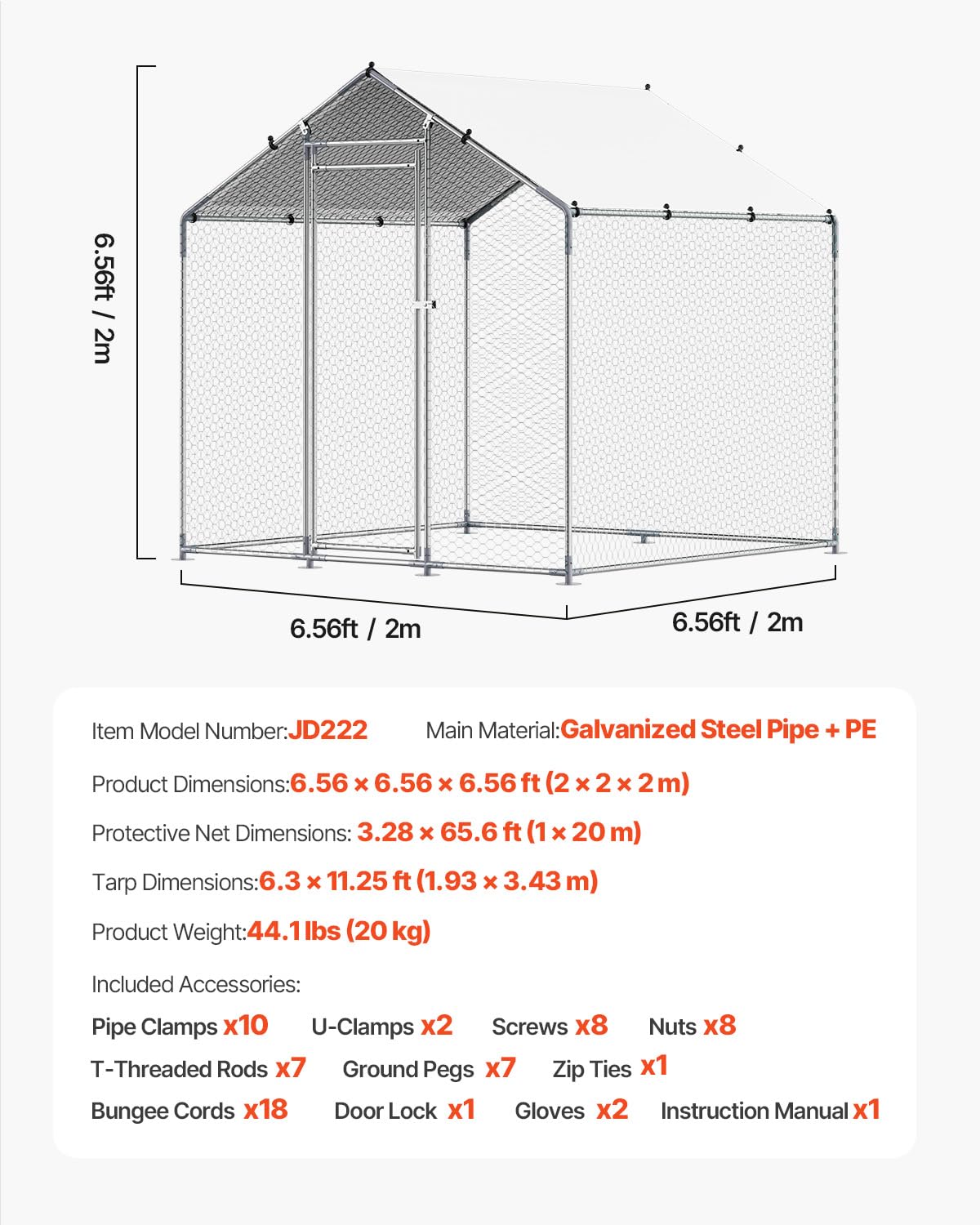 VEVOR Metal Chicken Coop, 6.56x6.56x6.56ft Walk in Chicken Runs for Yards with Cover, Spire Roof Hen House Enclosure with Security Lock, Outdoor Duck Rabbit Poultry Cage Pen for Backyard, Farm, Yard