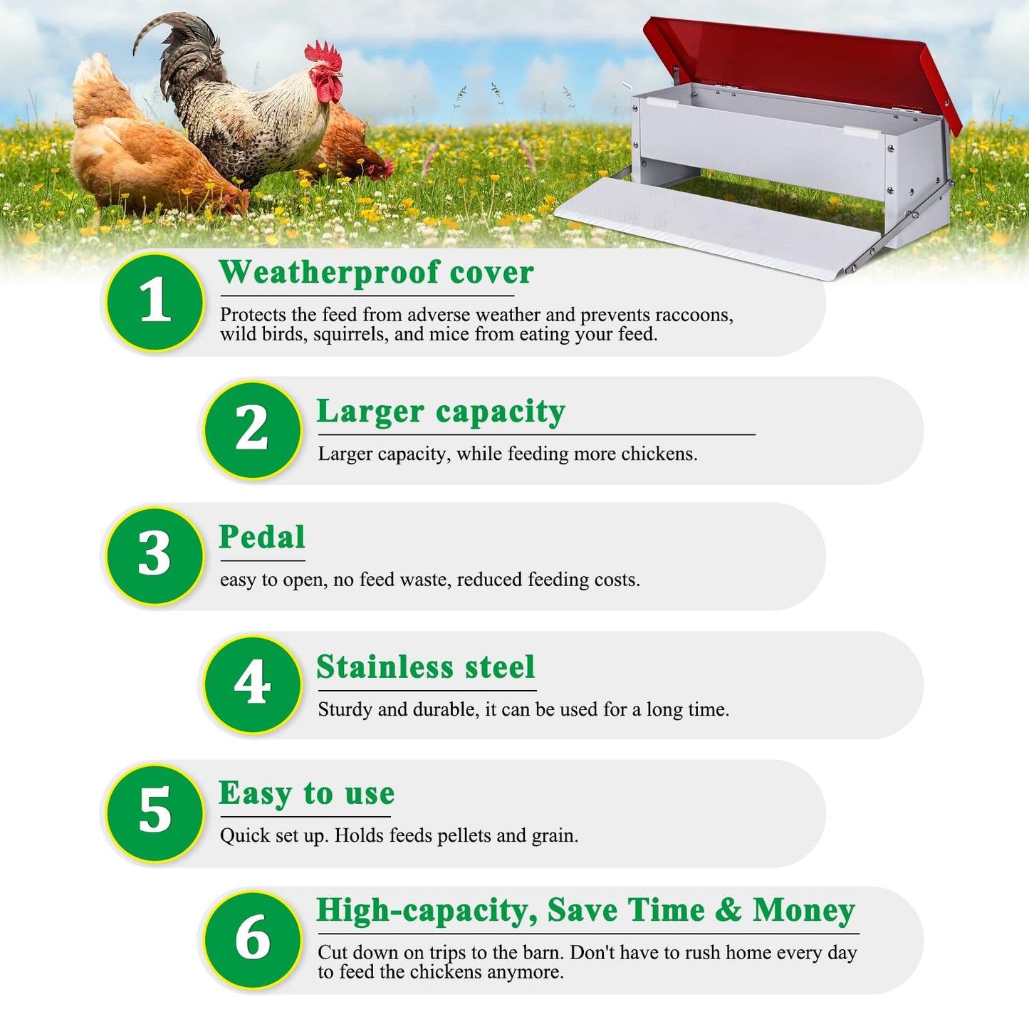 PAULOZYN 9L Automatic Chicken Feeder Treadle Rat Proof Metal Galvanized Poultry Feeders Treadle Chicken Feeder with Weatherproof Lid for Duck Turkey Outside No Waste