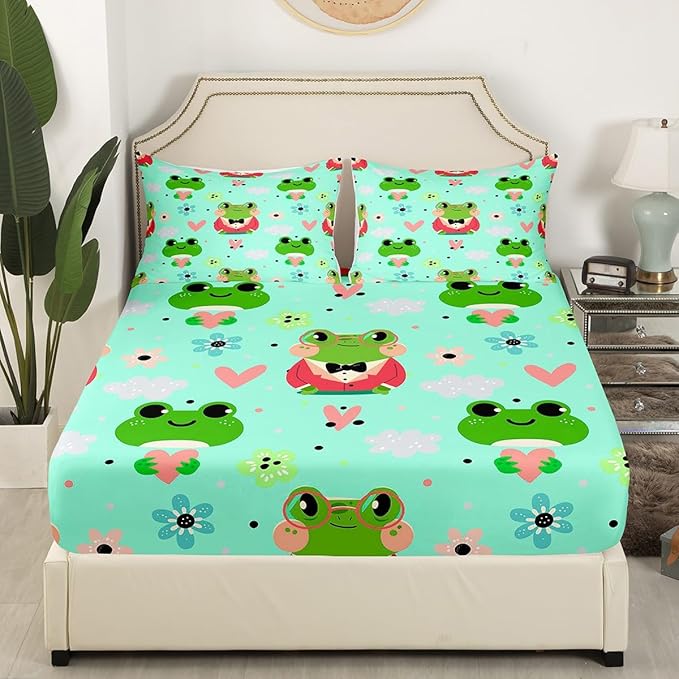 Cartoon Frog Bed Sheets Tropical Amphibian Sheet Set for Kids Boys Girls Toddler Dorm Decor,Cute Flower Love Heart Fitted Sheet + Top Sheet + 2 Pillowcases,Tropical Botanical Animal Bedding Set,Queen