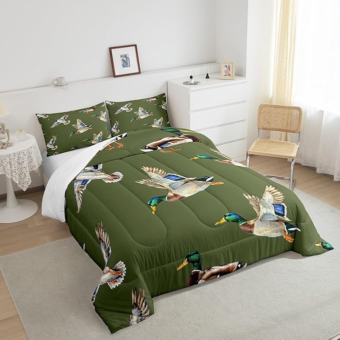 jejeloiu Cute Mallard Duck Comforter Set King Size Kids Wild Duck Hunting Comforter for Boys Teens Hunting and Fishing 3D Wild Animal Bedding Set Green Duvet Set Room Decor Quilt Set