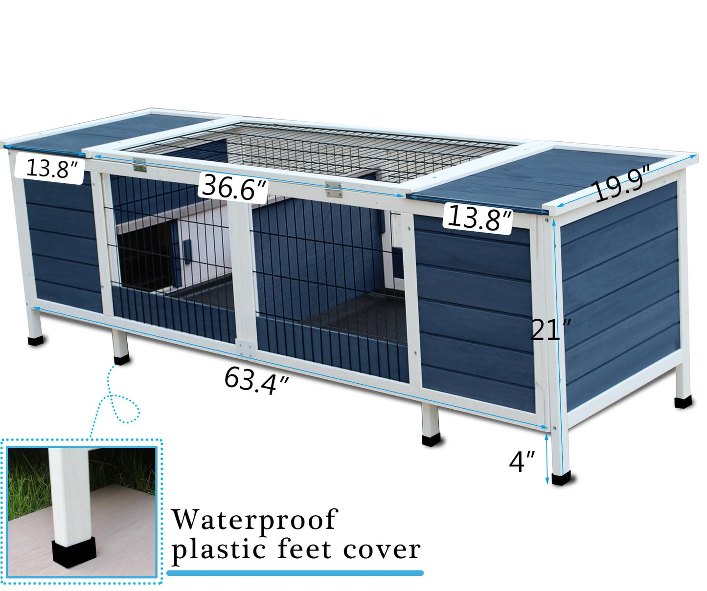 Rabbit Hutch Indoor Leakproof Bunny Cage Fir WoodenOutdoor Bunny House with Wire Floor Leakproof Plastic Tray (Blue)