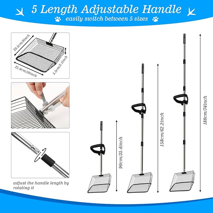 Large Chicken Poop Scooper Chicken Scooper for Poop with 37" to 75" Adjustable Stainless Steel Handle Gloves Litter Sand Sifting Shovel Cleaning Tool for Chicken Coop Goat Stall Stable