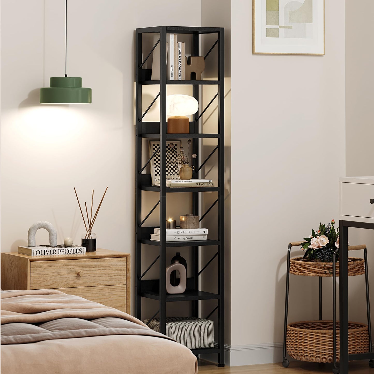 IDEALHOUSE Narrow Bookshelf Tall Skinny Bookcase 6 Tier Storage Rack Rustic Corner Shelf Metal Frame Small Freestanding Bookshelves Industrial Display Stand for Bedroom, Living Room, Home Office