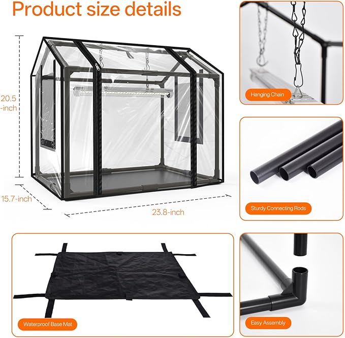 Bstrip Indoor Greenhouse with Grow Light, Mini PVC Tent with PE Base Mat, Ventilation Windows & Zippered Door, 18W Tabletop Greenhouse Light for Seed Starting with Timer, 23.8" x 15.7" x 20.5"