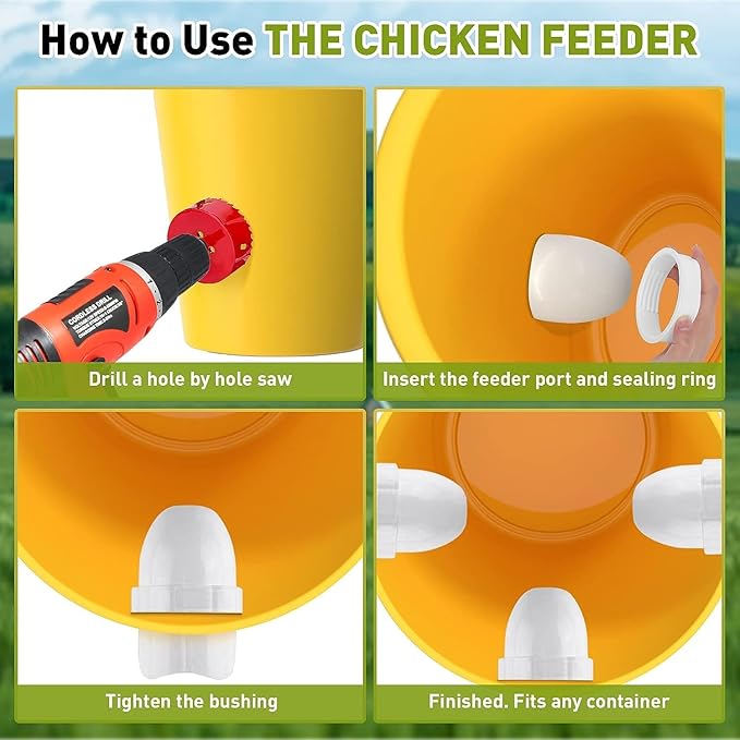12 Pcs Chicken Feeder and Water Cup Kit, Gravity Chicken Waterer and Feeder Port Kit with Hole Saw and Sealing Tape, No Waste for Duck, Bird, Quail
