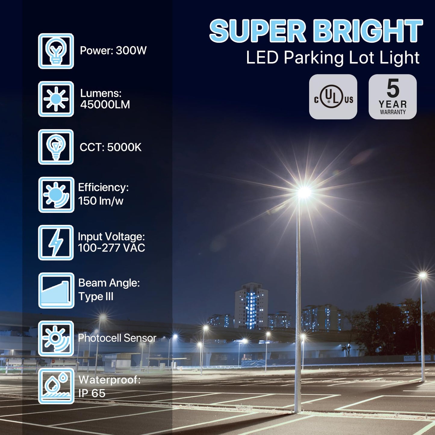 HYPERLITE Parking Lot Light 300W: 3 Pack 5000K 45,000lm Equivalent to 1,200W HPS/HID UL Certified - IP65 LED Shoebox Light with Photocell - Adjustable Slip Fitter for Barn Court Stadium Roadways