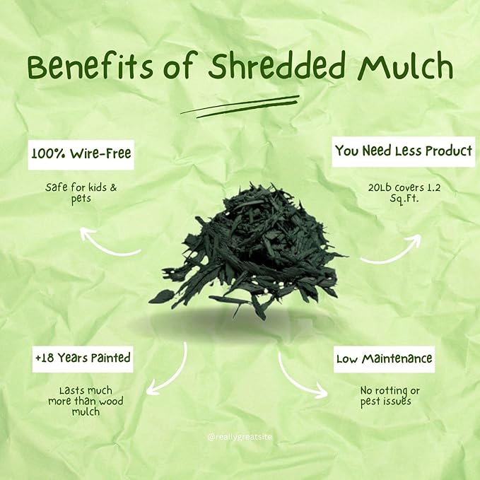 100% Wire-Free Shredded Rubber Mulch – Green – 20 lb (1.2 cu ft) – Long-Lasting, Low Maintenance, Safe for Kids & Pets – Ideal for Landscaping & Playgrounds