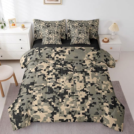 jejeloiu Khaki Camouflage Comforter Set with Sheets for Kids Boys Girls Camo Bed in a Bag Twin Size Military Style Vintage Abstract Geometric Disruptive Pattern 7 Pieces Bedding Set Bedroom Decor Soft