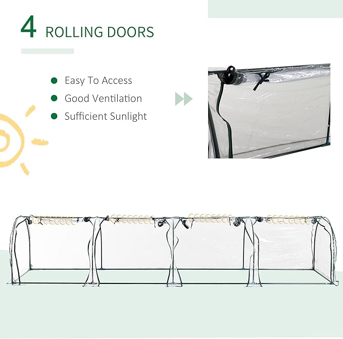 Outsunny 13' x 3' x 2.5' Mini Greenhouse, Portable Tunnel Green House with Roll-Up Zippered Doors, UV Waterproof Cover, Steel Frame, Clear