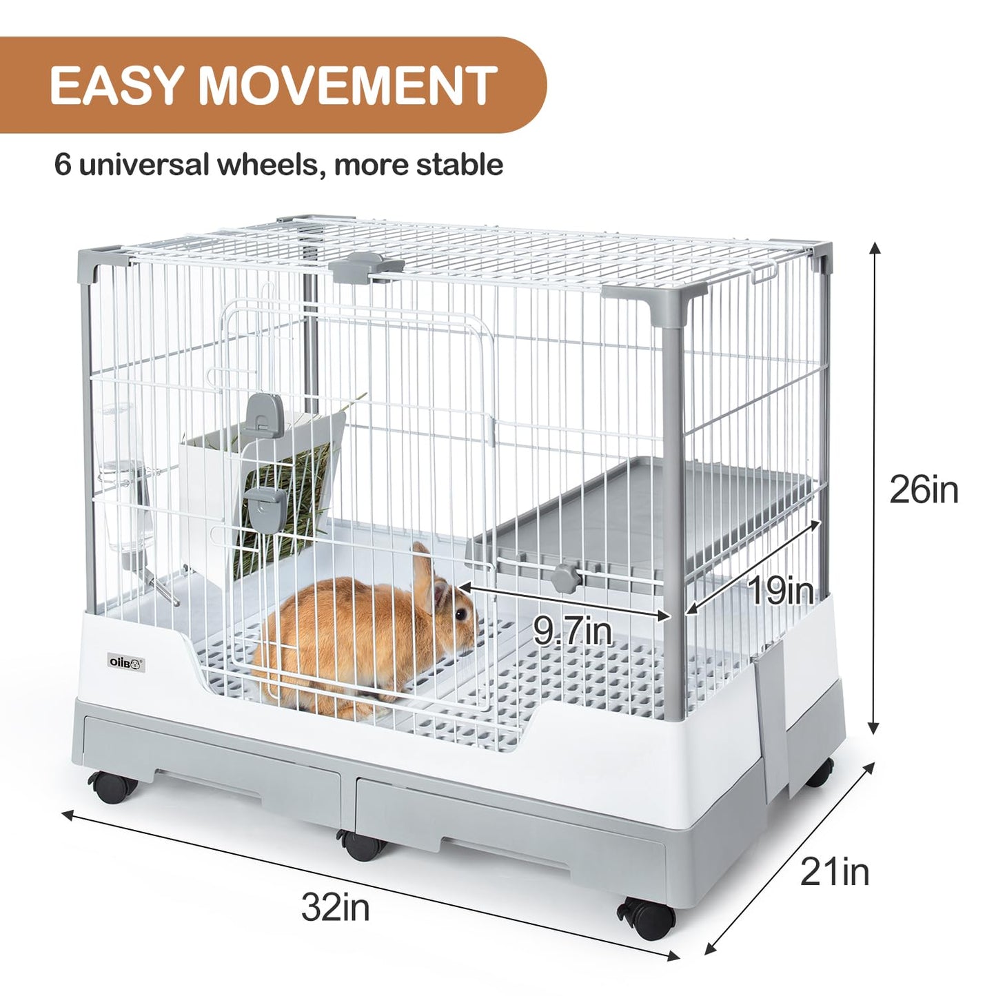 OIIBO Deluxe Rabbit Cage, 32" × 21" × 26" Large Space Bunny Cage Foldable Small Animal Cage with Pull Out Tray and Caster Platform, Professional Household Anti-Spray Urine Rabbit Cage Hutch Indoor