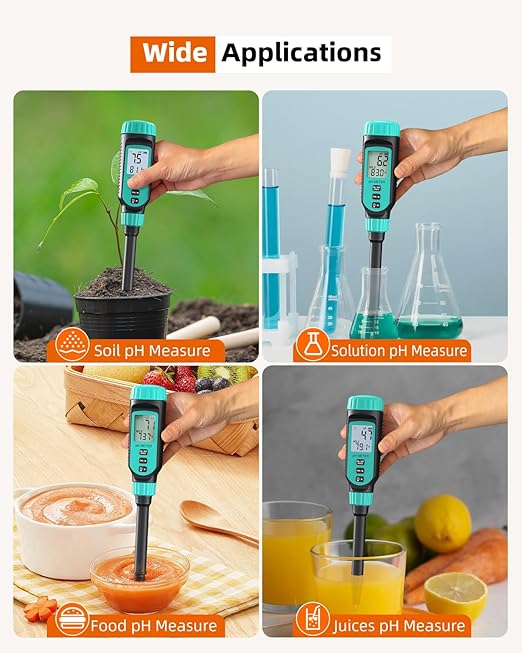 Tadeto Soil pH Tester, High Accuracy Digital pH Meter for Soil, Garden, Water, Plants, Solution and Food, Soil pH Test Kit with Thermometer LCD Display, Calibration Powder and Alloy Protective Cap