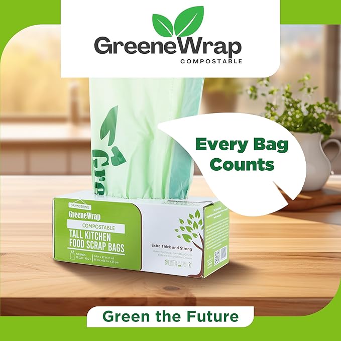 13 Gallon Compostable Trash Bags Liner with Drawstring, Heavy Duty Extra Thick 1 Mil, 49.21 Liter, 30 Bags, Tall Kitchen Food Scrap Waste Bag, BPI and OK Compost Home Certified, ASTM D6400