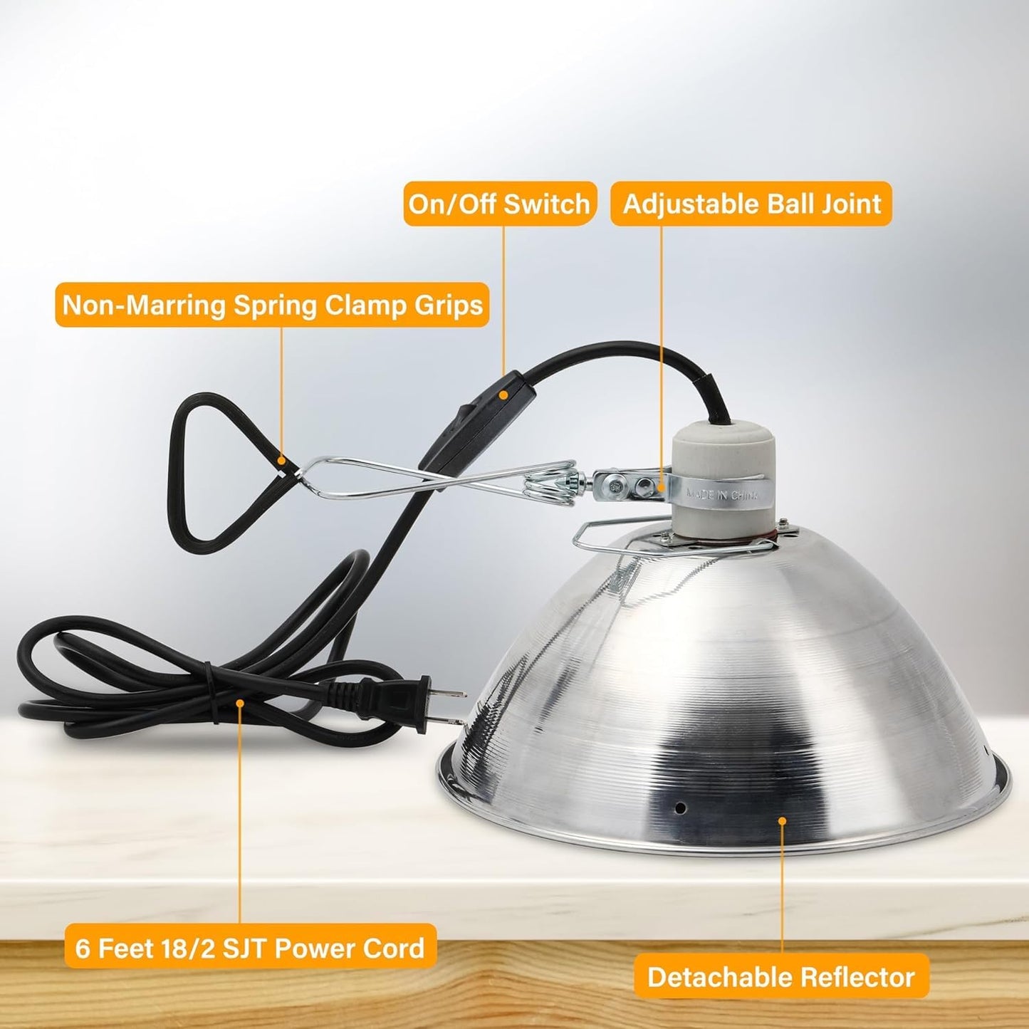Simple Deluxe Clamp Lamp Light Socket with 10.5 Inch Aluminum Reflector, Suit for Max 250 Watt Lamp (No Bulb Included) with 18/2-Gauge 6 Feet Cord, 1 Pack