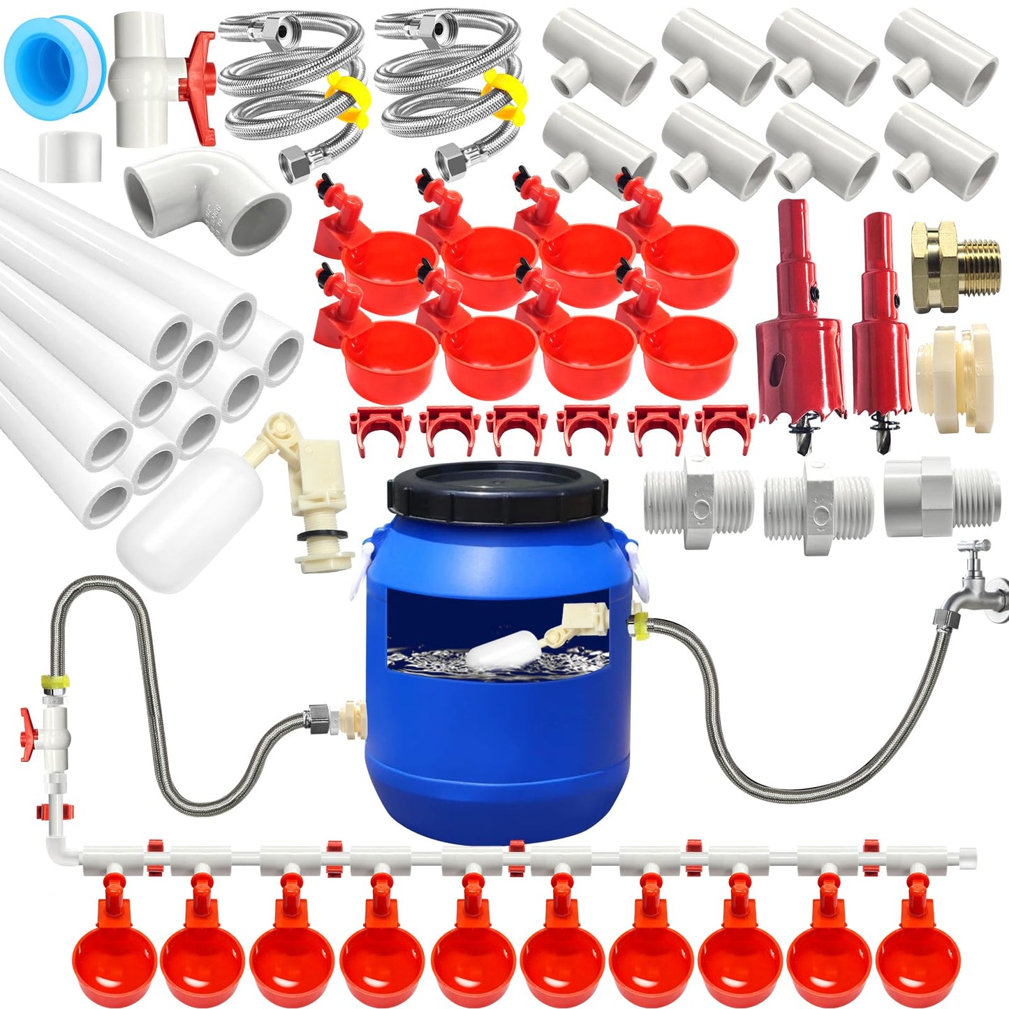 Automatic Chicken Waterer System Kit with Chicken Water Cups Nipples Float Valve Pipeline 58 PCS Complete Set Chicken Water Feeder Dispenser Large Chicken Watering System PVC Poultry Waterer Drinker