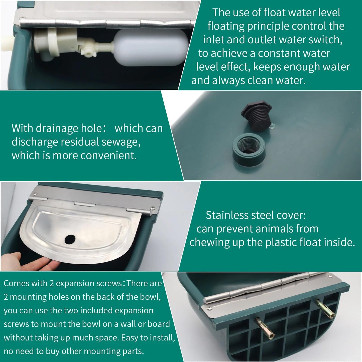 Achicklead Plastic Automatic Water Bowl with Stainless Steel lid, Livestock Waterer for Cattle Horse Goat Sheep Dog, Water Trough Bowl with Float Valve (No Pipe)