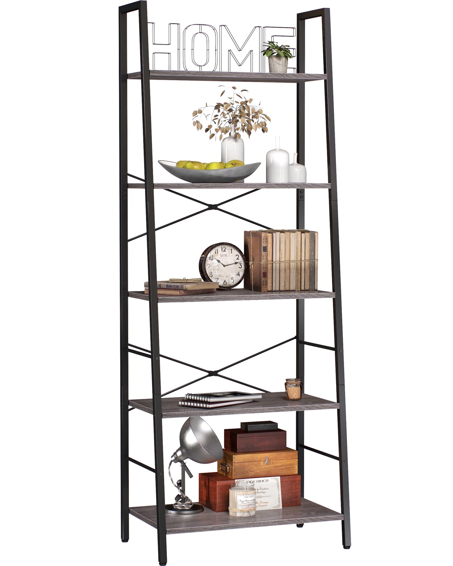 Yusong Ladder Bookshelf, Bookshelf Ladder Shelf, 5-Tier Bookshelf for Bedroom, Industrial Book Shelves Storage Rack with Metal Frame for Home Office, Rustic Brown, Gray