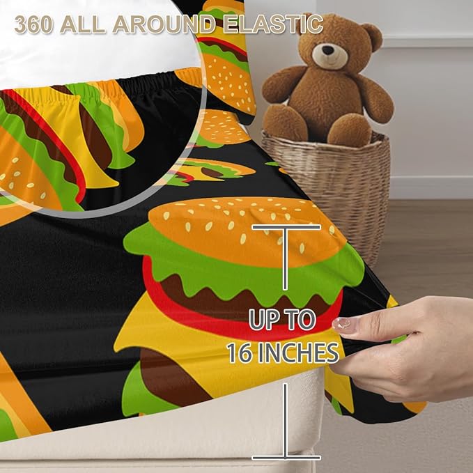 California King Bed Sheets Set - 3 Piece 3D Cheeseburger Bedding - Brushed Microfiber - Shrinkage and Fade Resistant - Easy Care (French Fry Hamburger, California King, Black & Yellow)