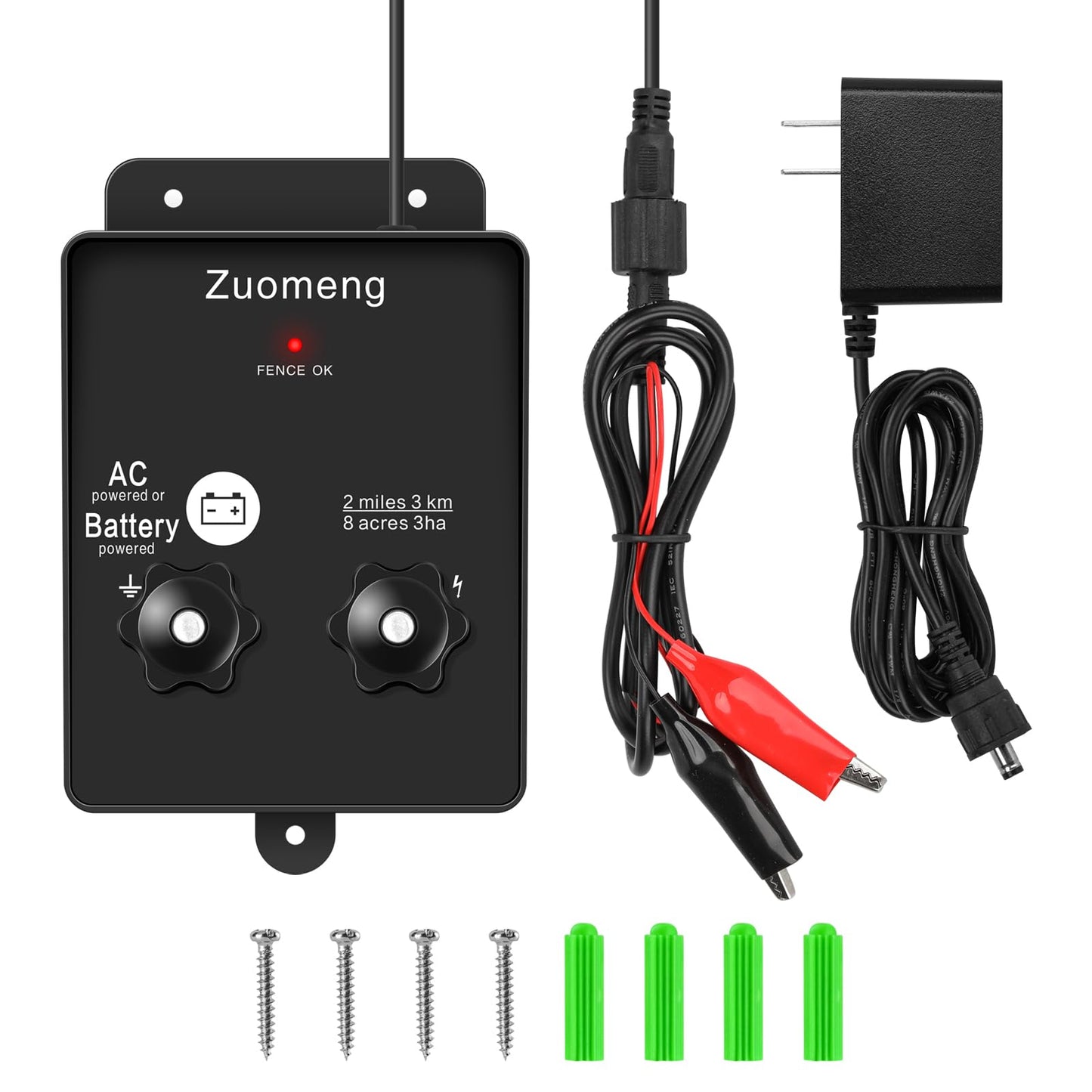 2-in-1 Electric Fence Energizer, Zuomeng 2-mile 8 Acres Electric Fence Charger Powered by Battery or Power Adapter, 0.1 Joules, Protect Your Livestock Garden Pasture from Wildlife