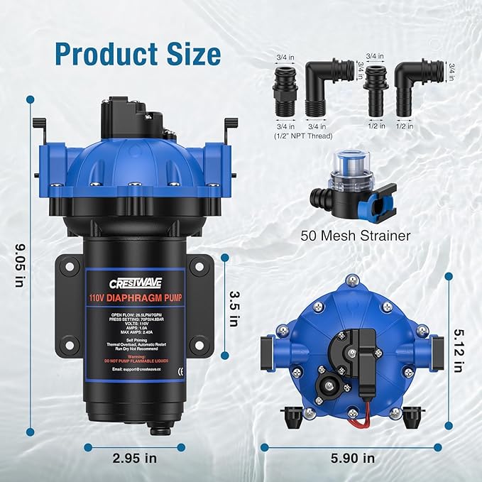CrestWave 110V Water Pressure Booster Pump, 7GPM 70PSI, 5-Chamber Diaphragm Pump with Quick Connect Ports, Self-Priming Water Pump with Pressure Switch & Strainer for RV, Domestic, Irrigation, Marine