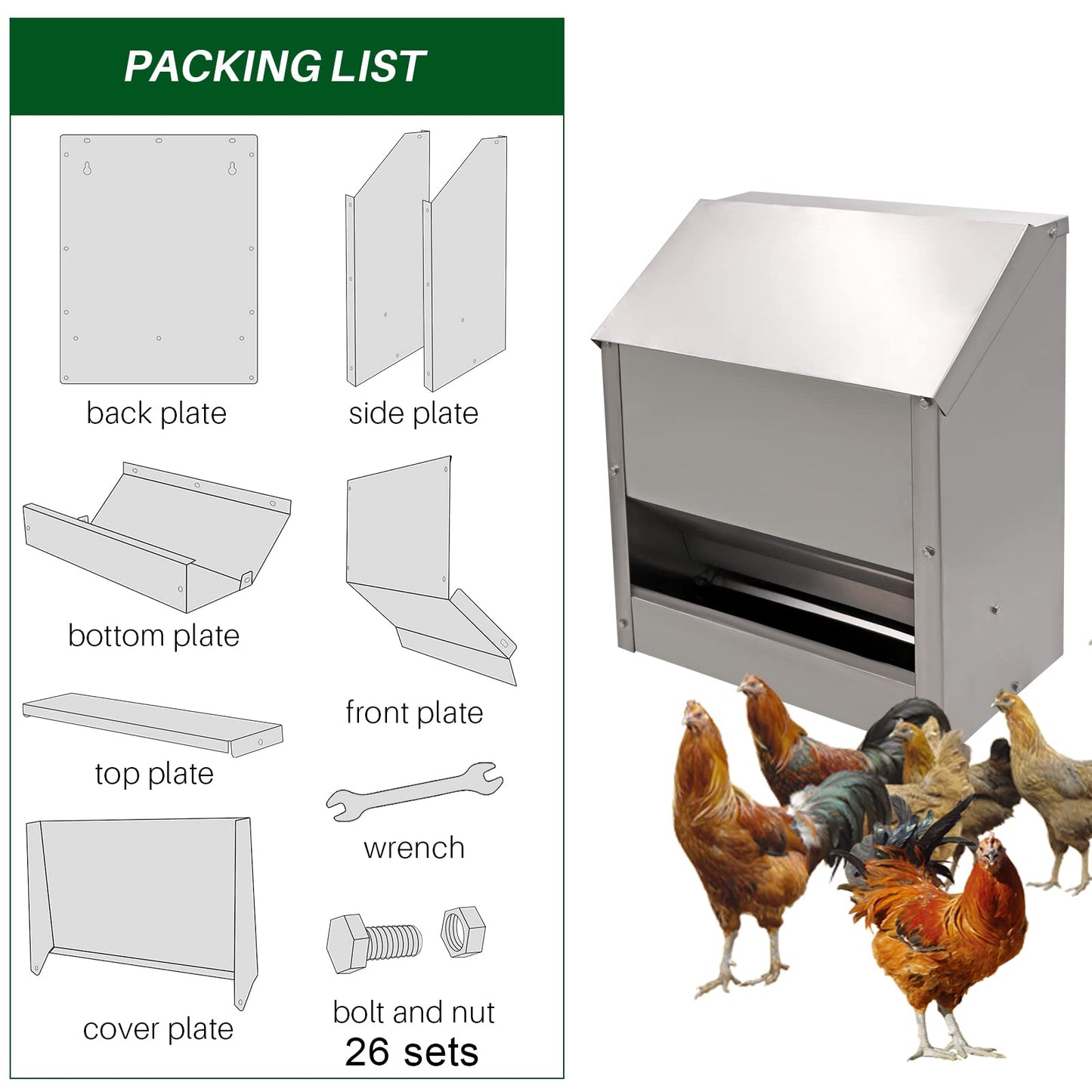 KHEARPSL Stainless Steel Chicken Feeders No Waste Poultry Feeder Rainproof Hanging Poultry Feeder Trough with Lid Holds 25lbs of Feed, No Assembly Required
