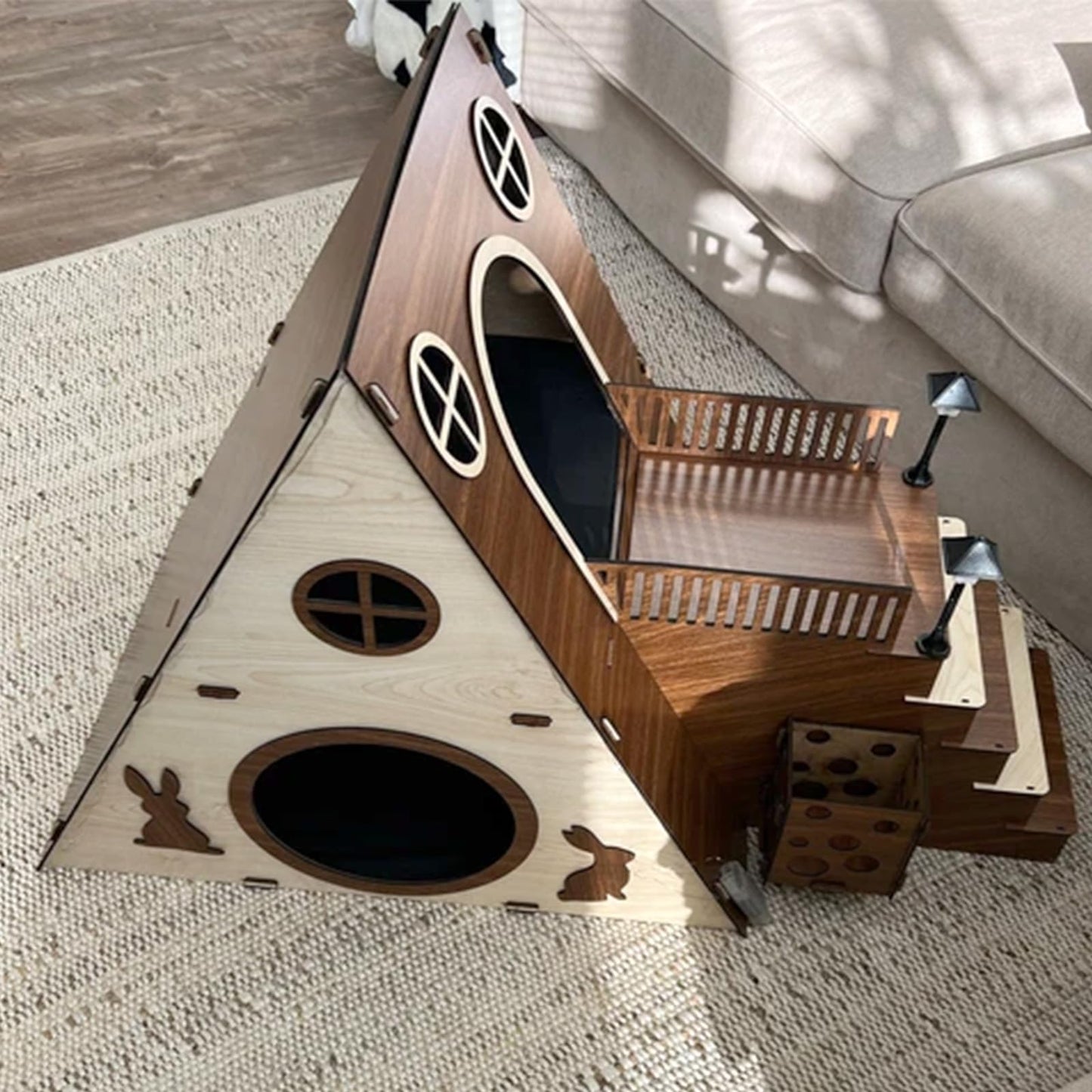 Tnstbiee Large Modern Wooden Rabbit Castle House Hutch - Bunny Hideout Indoor Habitats - Pet 2-Story Home Furniture（Excluding Street Lights）
