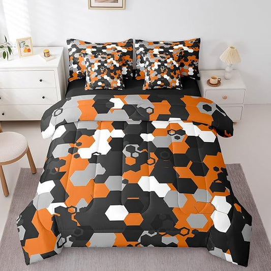 jejeloiu Orange Honeycomb 7 Pieces Bedding Set Full Size Modern Hexagon Theme Comforter Set with Sheets for Kids Boys Decor Camouflage Camo Geometric Abstract Bed in a Bag Soft Bedroom Decor