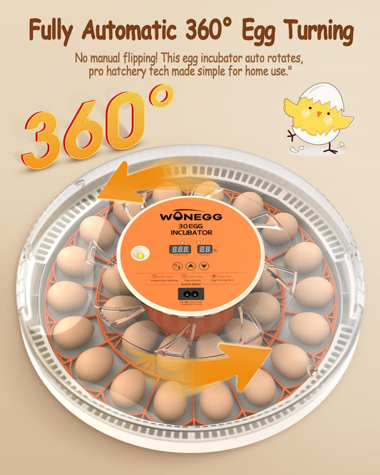 WONEGG 30 Egg Incubators for Hatching Eggs with Automatic Egg Turner, Auto Temperature Control, LED Candling, Humidity Monitor, 360° Viewing for Chicken Quail Parrot Birds