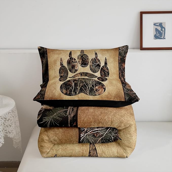 Erosebridal Rustic Farmhouse Bedding Sets Toddler Camo Bear Paw Comforter Set Woodland Hunting Camouflage Animal Bedding Comforter Sets for Kids Boys Adults Men,Retro Cabin Wildlife Quilt Set