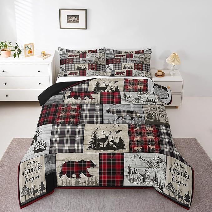 Rustic Cabin Comforter Set Twin Woodland Wolf Deer Bear Comforter For Kids Adults,Red Black Buffalo Plaid Bedding Set Wildlife Camping Lodge Mountain Quilt Bedding Southwestern Farmhouse Decor