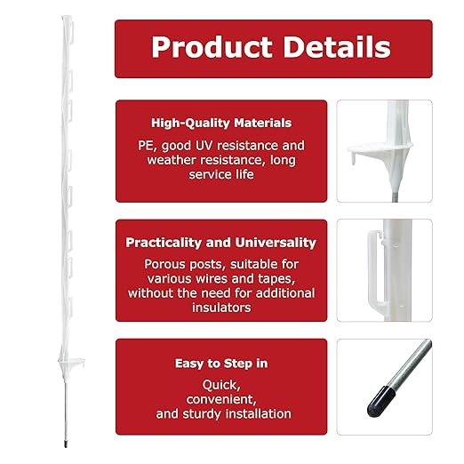 50 Pack Electric Fence Posts, 48 Inch Plastic Step in Fence Post, Temporary Fence Posts for Farm Protection and Livestock, White