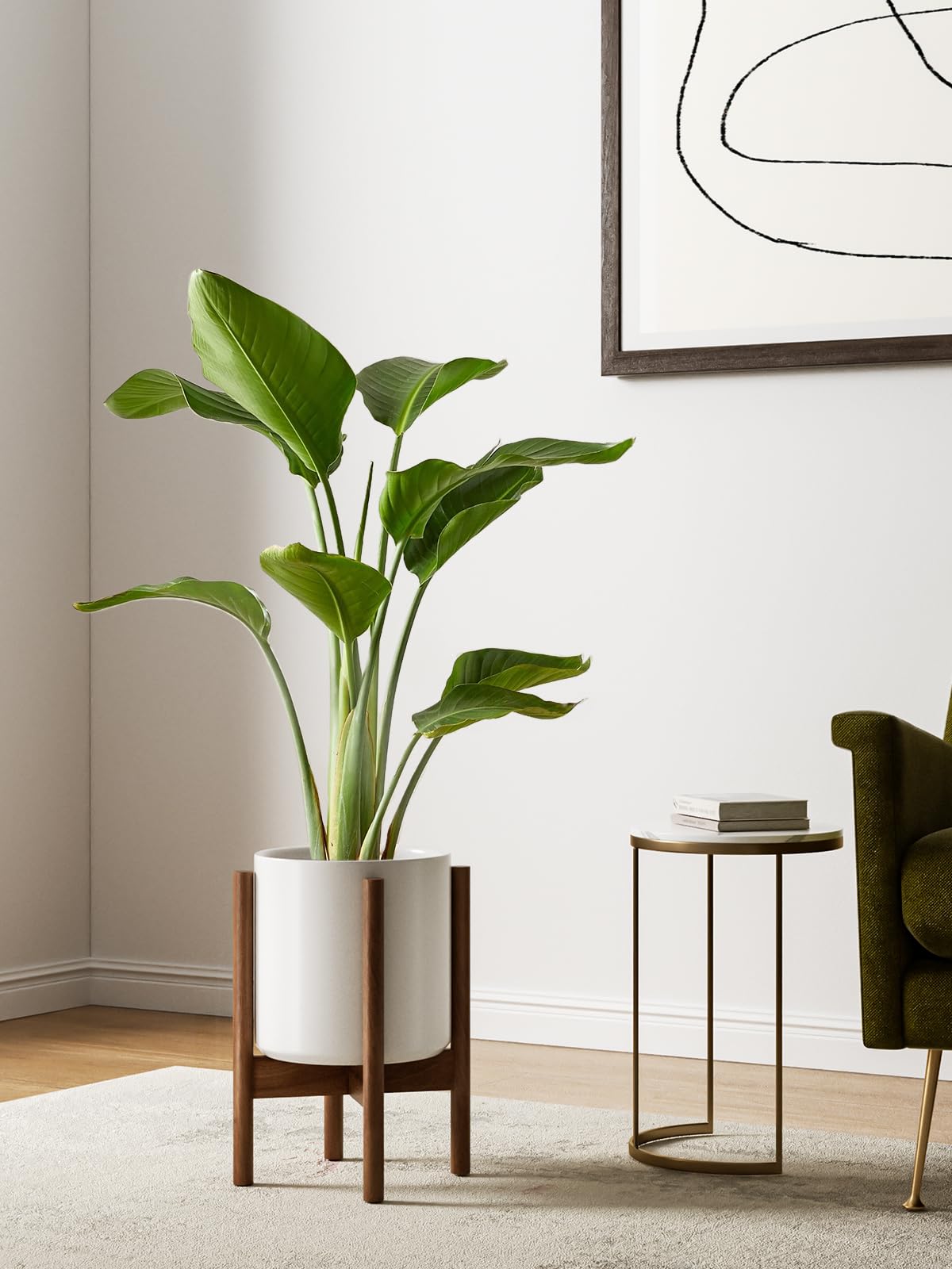 LE TAUCI 12 Inch Planter with Acacia Wood Stand, Large Ceramic Indoor Plant Pot with Drainage Hole & Plug, Mid Century Modern Plant Holder for Fiddle Leaf Fig, Monstera, Snake Plant, White