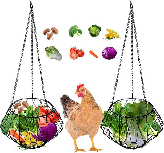 Hanging Chicken Feeder Accessories, Coop Must Haves -Foldable 6.5Inch Large Poultry Vegetable Fruits Chicken Treat Dispenser with 3pcs Hanging Chain,Chicken Toys for coop (Chicken Feeder 2 Pack)