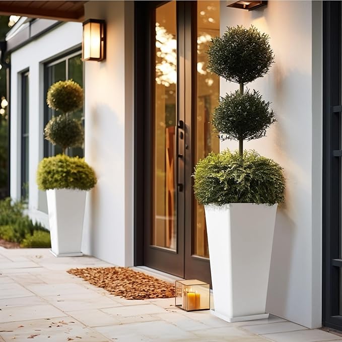 LA Jolie Muse 30 inch Tall White Planters Set of 2,Indoor/Outdoor Rectanglar Large Plant Pots,V Shaped Taper Planter for Front Door.