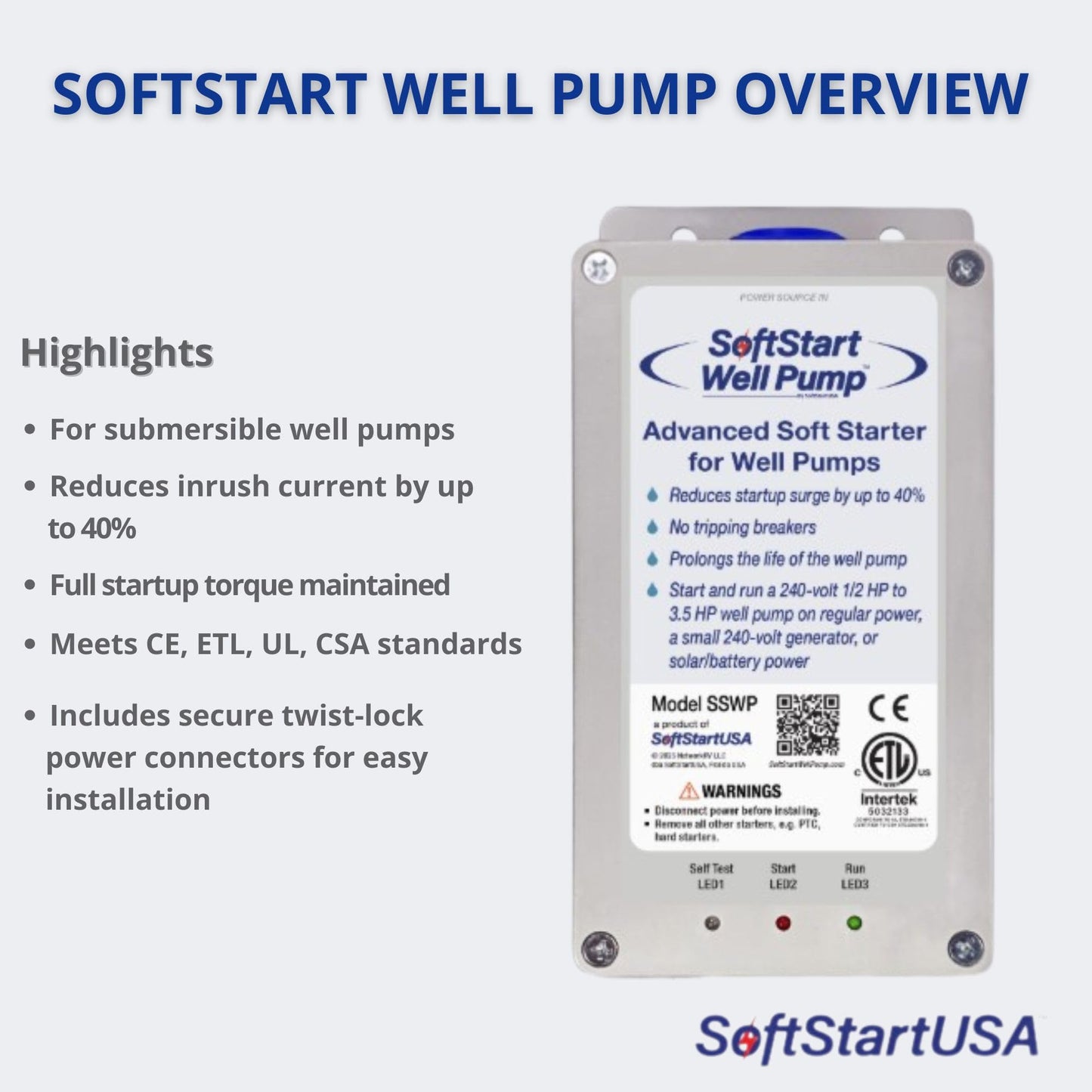 SoftStart Well Pump – Well Pump Soft Start Controller Reduces Inrush Current by 40% – Works with 0.5–3.5 HP 240V Submersible & Deep Well Pumps – Generator & Solar Ready – CE/ETL Listed