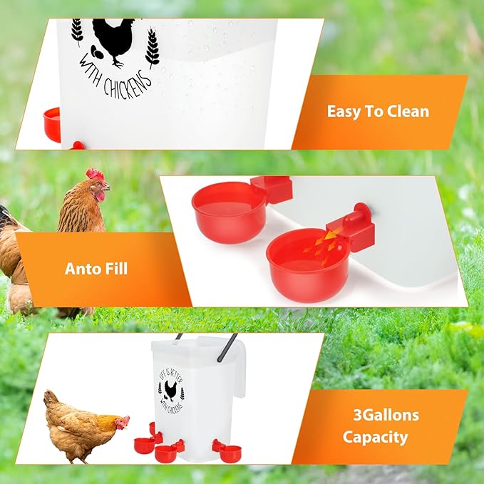 TGEYD Chicken Feeder and Chicken Waterer Set(3 Gal/15 Lb) Hanging Automatic Chicken Feeder, No-Waste Poultry Feeder, Chicken Accessories for Chicken Coop and Chicken Run