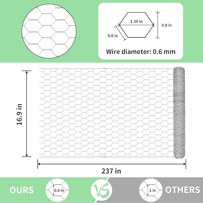 Chicken Wire 16.9 in x 237 in Poultry Wire Netting Hexagonal Galvanized Mesh Garden Fence Barrier for Pet Rabbit Chicken Fencing with 100 Pcs Cable Zip Ties